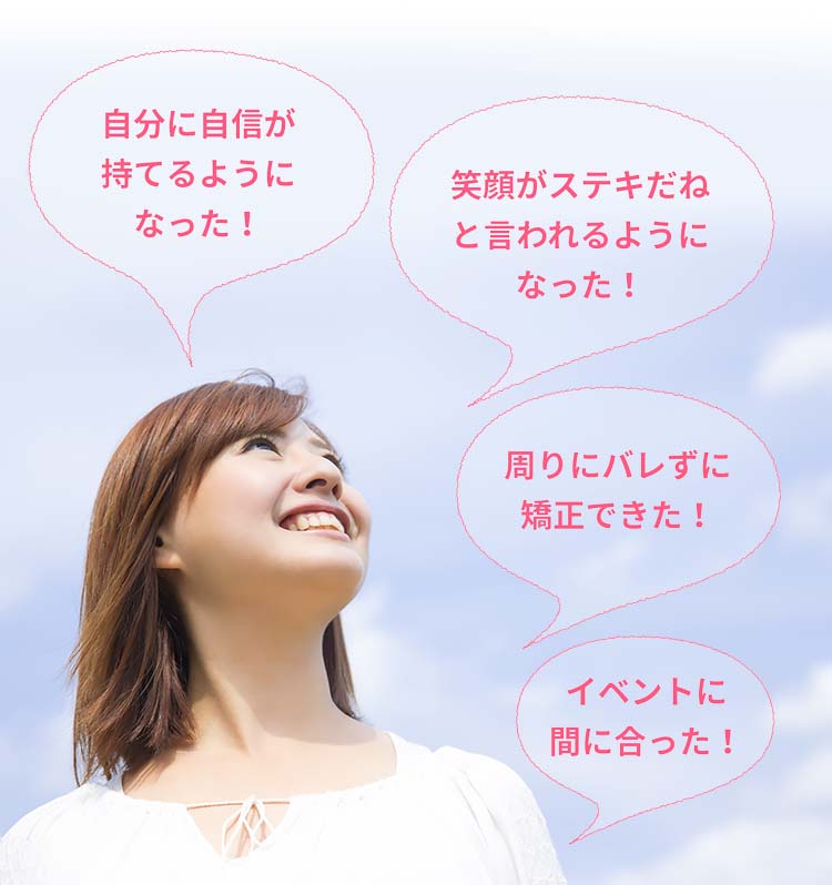 自分に自信が持てるようになった！／笑顔がステキだねと言われるようになった！／周りにバレずに矯正できた！／イベントに間に合った！